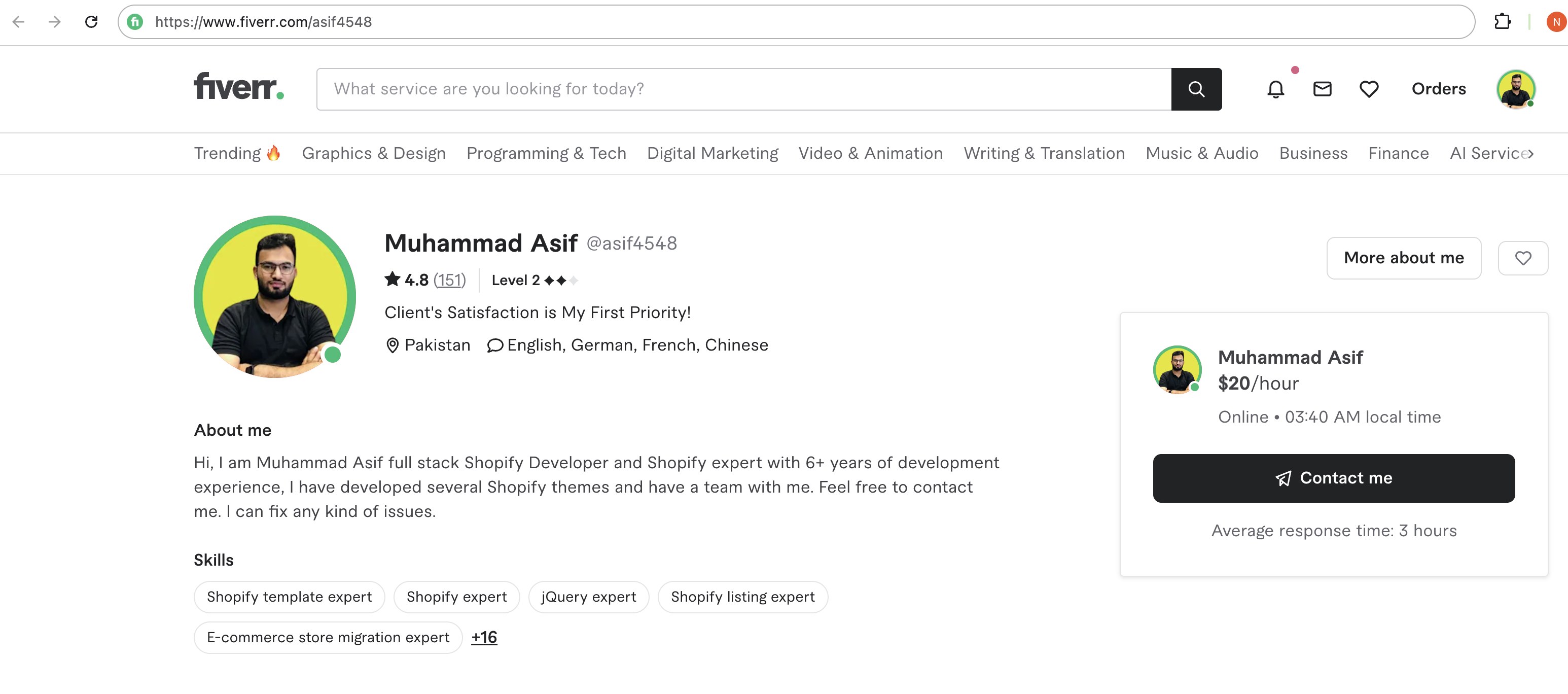 Muhammad Asif's Fiverr profile: 4.8 stars from 151 reviews, Level 2 seller, Shopify expert skills